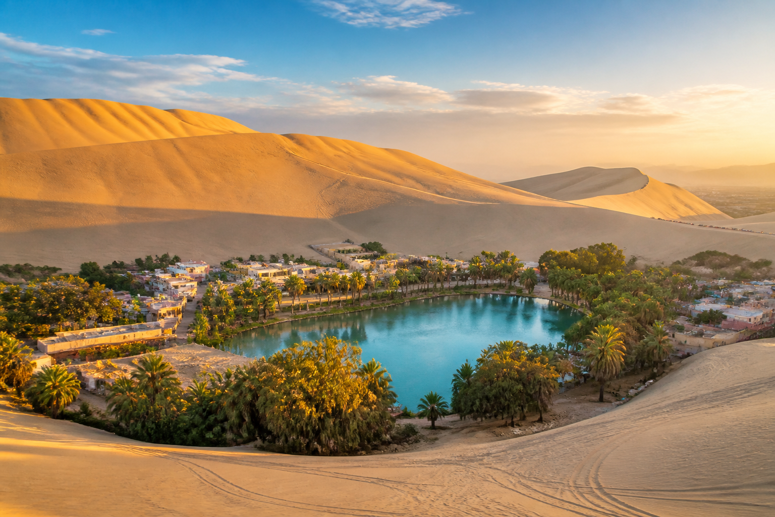 Oásis de Huacachina cercado por dunas no Peru